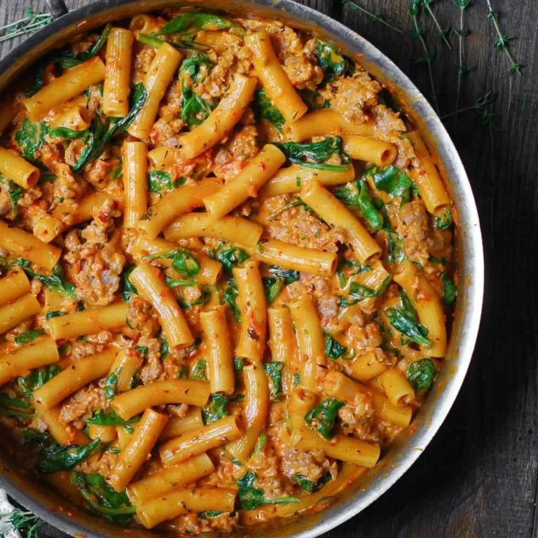 Creamy sausage rigatoni served in a bowl, garnished with parsley.