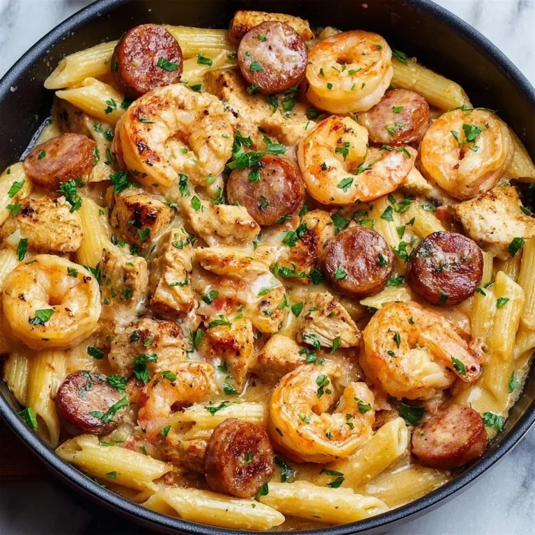 Delicious Garlic Butter Shrimp and Sausage in a skillet with pasta.