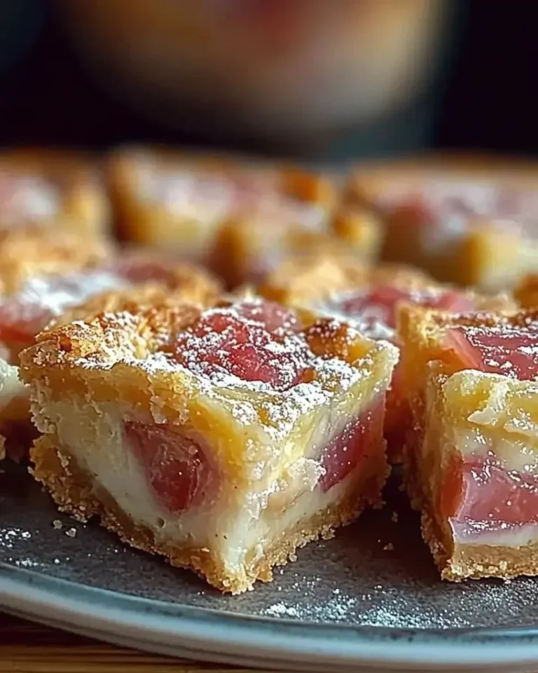 Delicious rhubarb custard bars with a creamy filling and crispy crust
