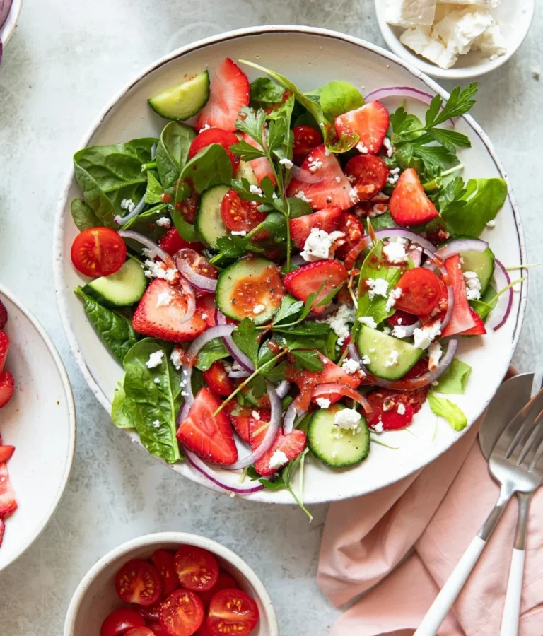 Summer strawberry salad with feta cheese and fresh greens
