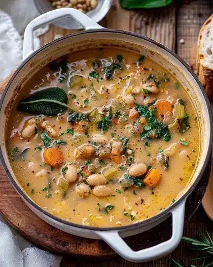 Bowl of delicious Tuscan White Bean Soup garnished with herbs