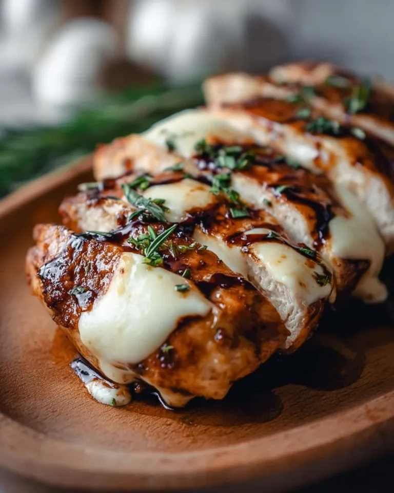 Balsamic baked chicken breast topped with melted mozzarella cheese