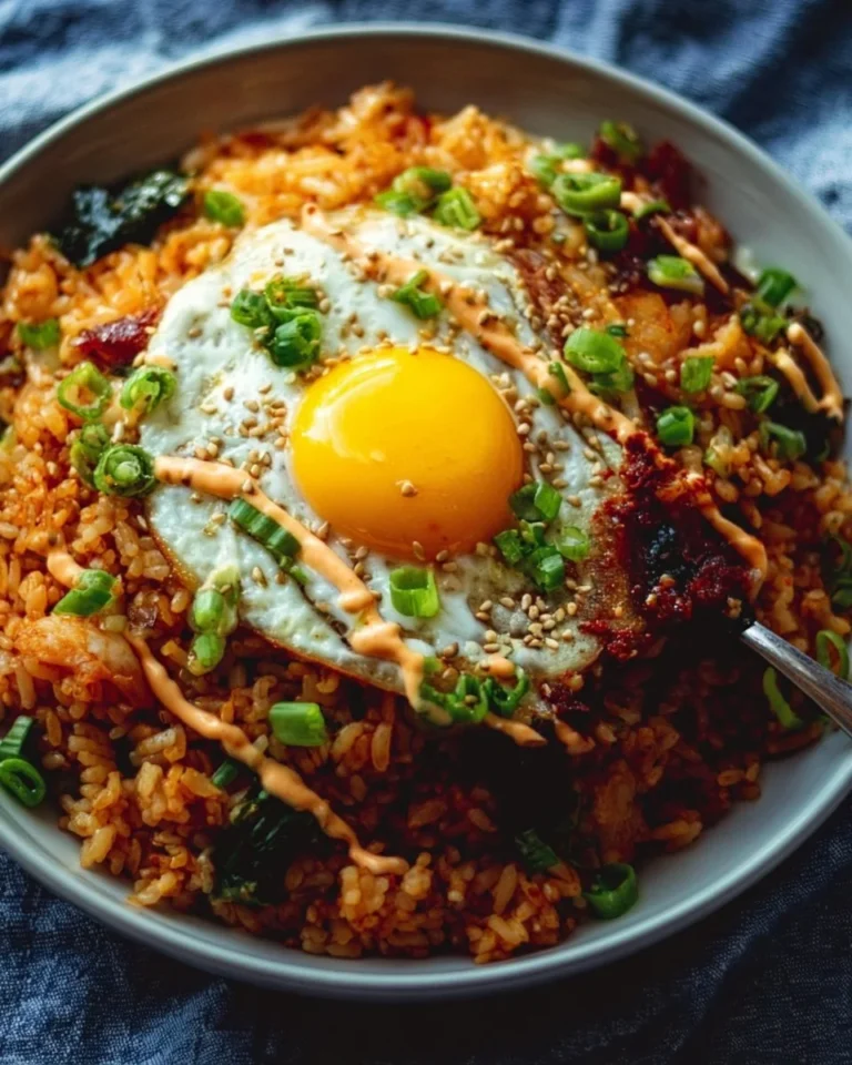 Delicious kimchi fried rice drizzled with gochujang aioli, served in a bowl.