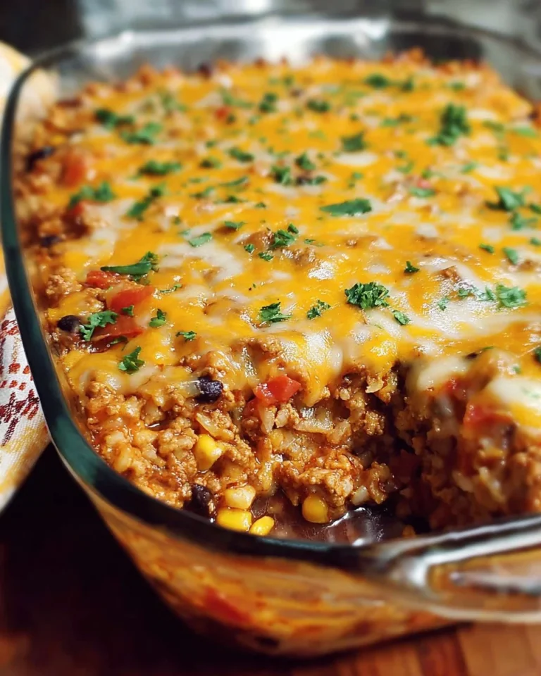 Cheesy Southwestern Ground Turkey Casserole topped with melted cheese