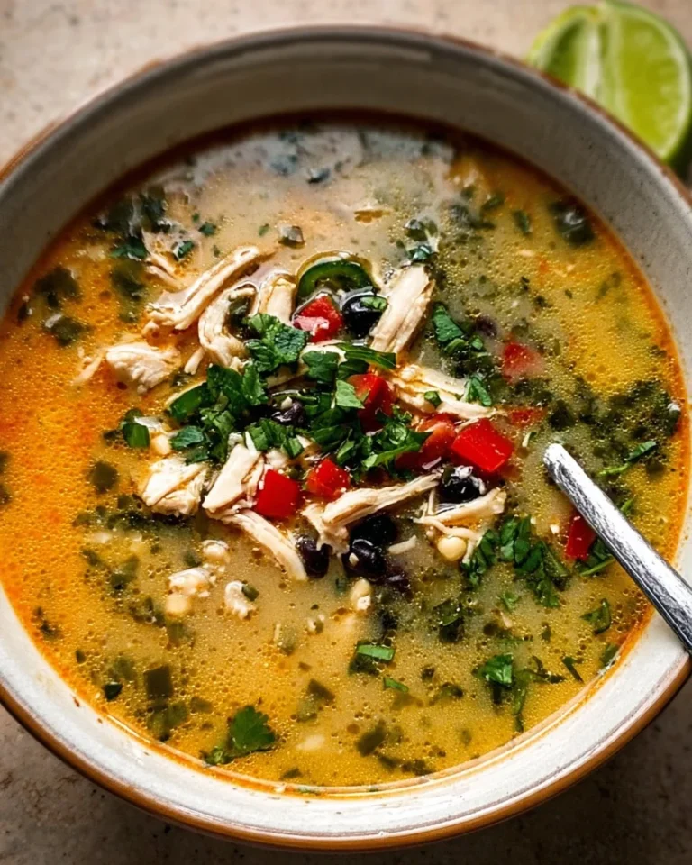 Bowl of Chicken Poblano Soup with herbs and peppers garnished on top