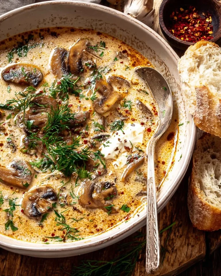 Bowl of creamy Hungarian mushroom soup garnished with herbs