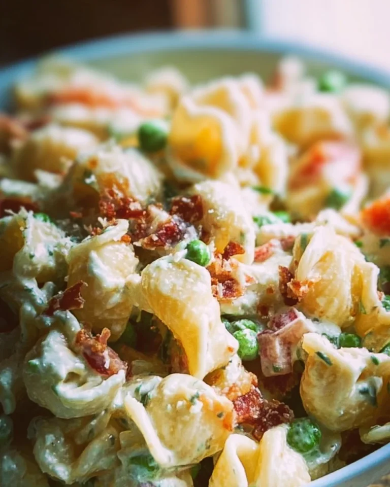 A bowl of creamy pasta salad with vegetables and dressing, perfect for a summer meal.