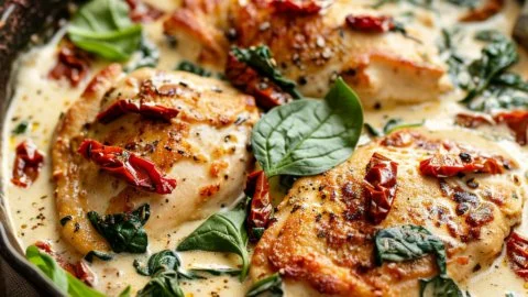 Delicious creamy Tuscan chicken with spinach and sun-dried tomatoes served on a plate