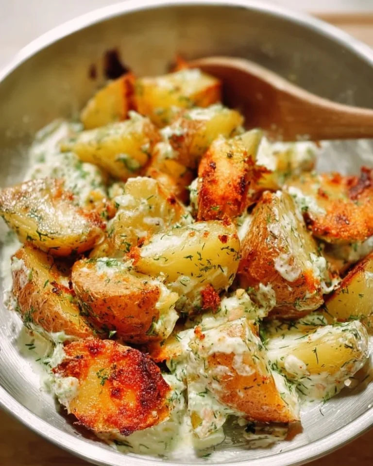 Delicious crispy potato salad with fresh herbs and toppings