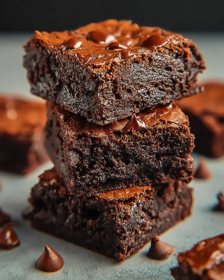 Fudgy high protein brownies topped with chocolate chips on a rustic wooden table.
