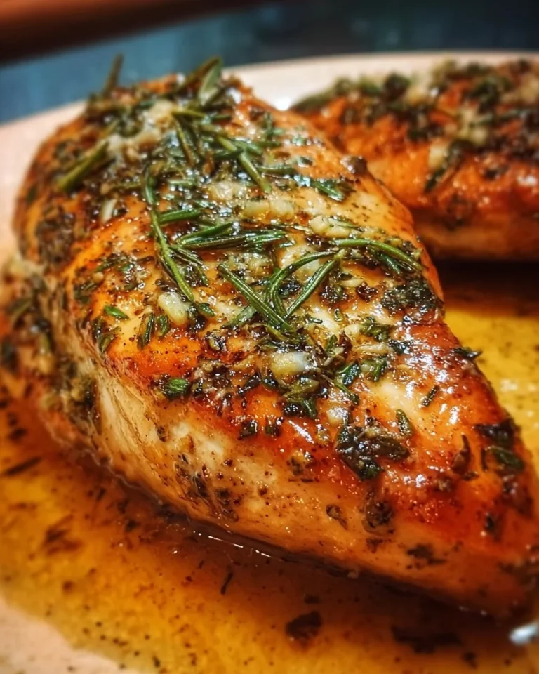 Garlic Herb Butter Baked Chicken Breast served on a plate with herbs