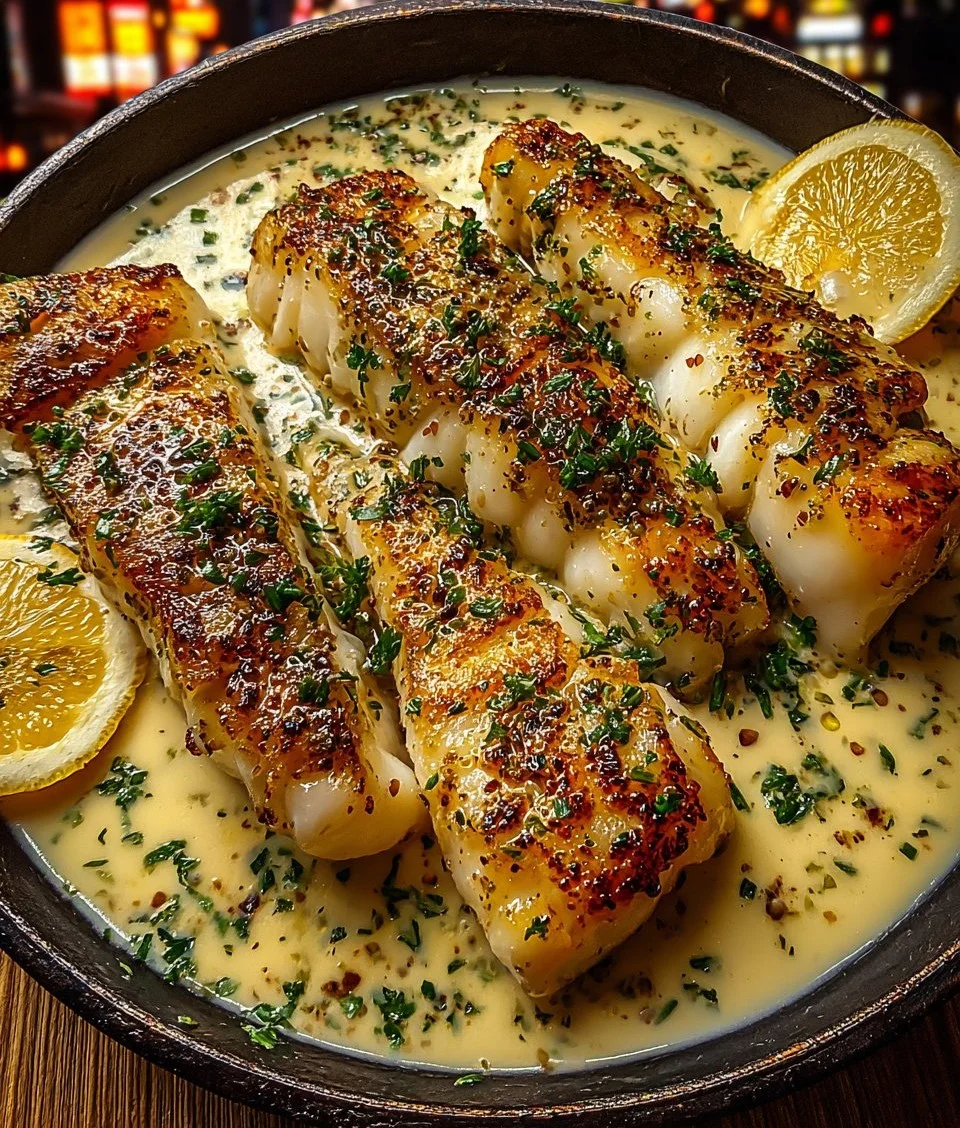 Garlic Herb Cod Strips with Creamy Lemon Sauce