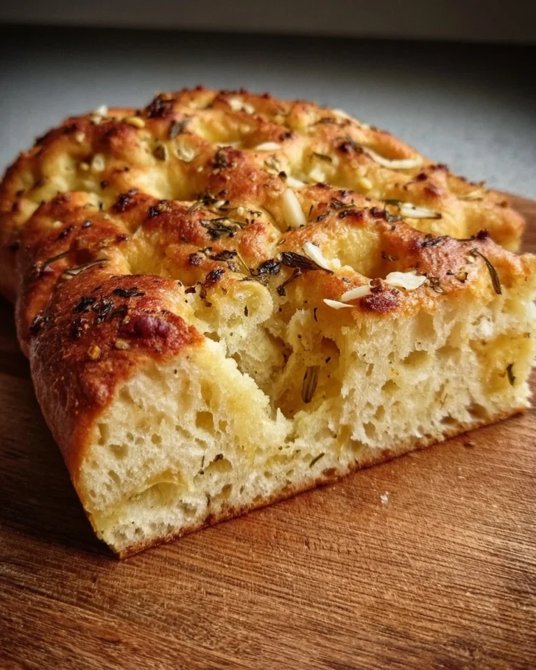 Homemade Garlic Sourdough Focaccia topped with fresh herbs and garlic