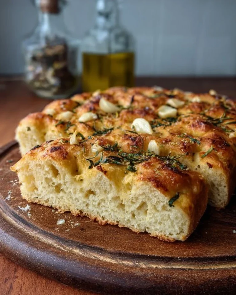 Freshly baked Garlic Sourdough Focaccia topped with herbs and garlic