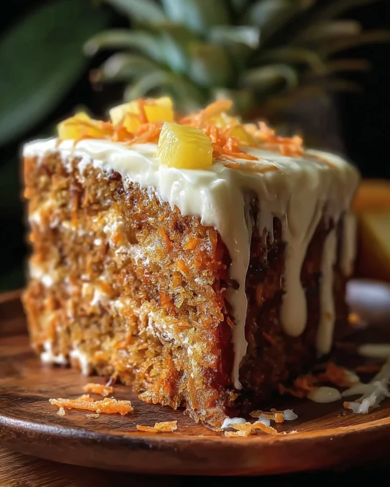 Hawaiian Carrot Pineapple Cake topped with cream cheese frosting and tropical flavors.