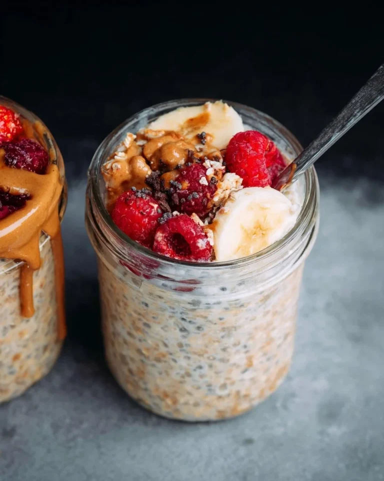 Delicious high protein overnight oats topped with fruits and nuts