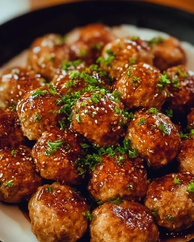 Honey garlic turkey meatballs served on a white plate with fresh herbs