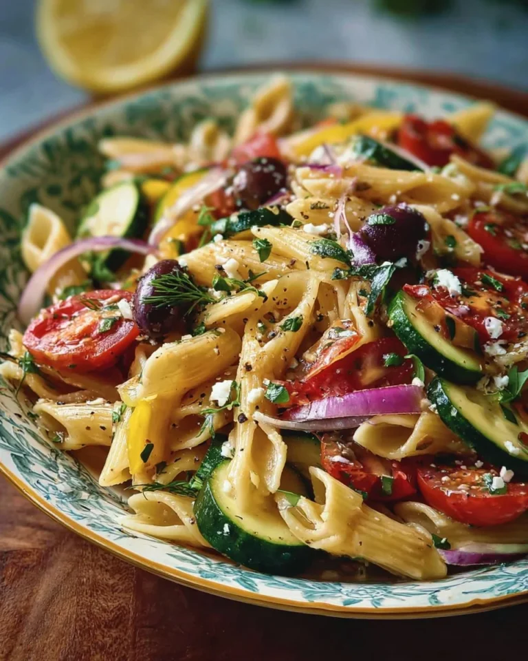 Bowl of vibrant Mediterranean Pasta Salad with fresh vegetables and olives