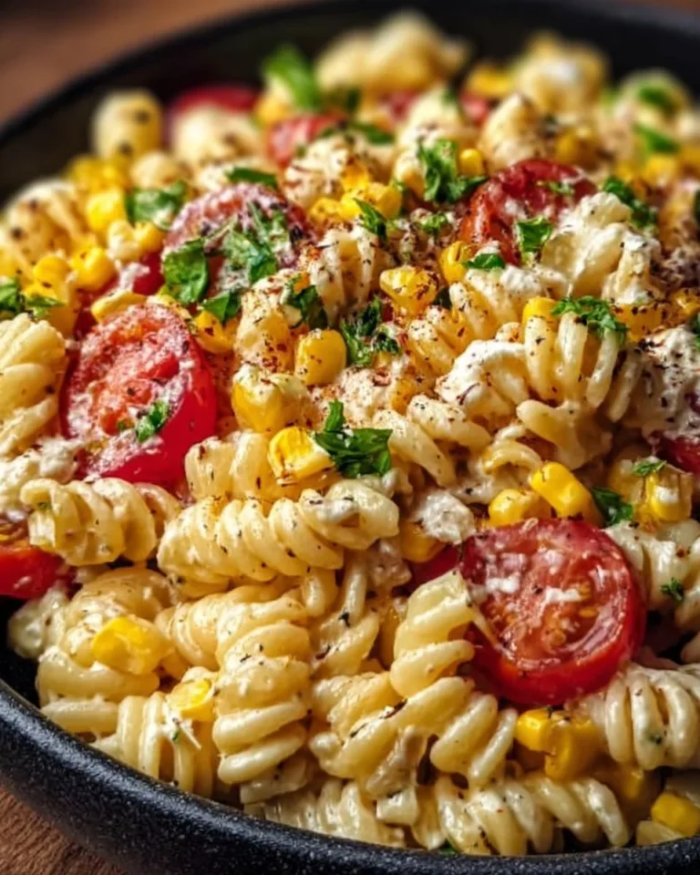 Bowl of vibrant Mexican street corn pasta salad with fresh ingredients