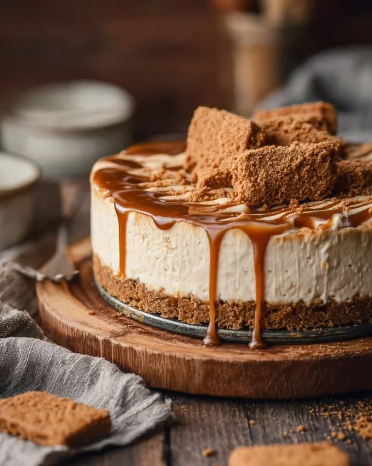 Delicious no bake Biscoff cheesecake with a creamy texture and Biscoff cookie crust