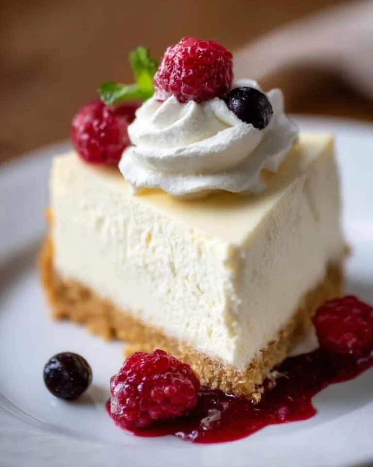 Delicious no-bake cheesecake topped with fresh berries and whipped cream