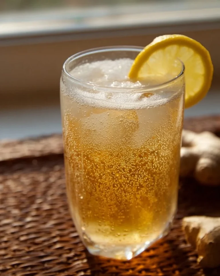 Glass of probiotic ginger ale with fresh ginger and bubbles