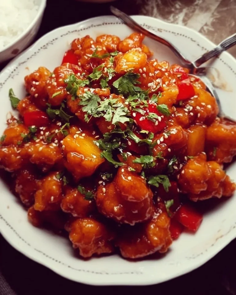 Sweet and Sour Pineapple Chicken dish served with colorful vegetables
