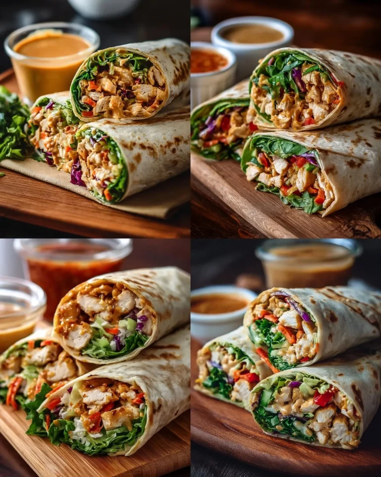 Thai Peanut Chicken Wraps with fresh vegetables and creamy peanut sauce