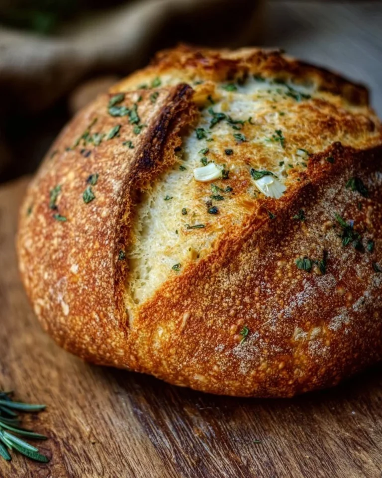 Freshly baked double-garlic sourdough bread with crispy crust and soft interior.