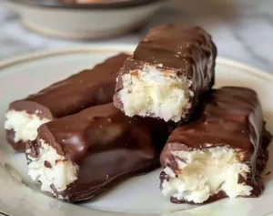Delicious homemade Mounds Bars made with chocolate and coconut.