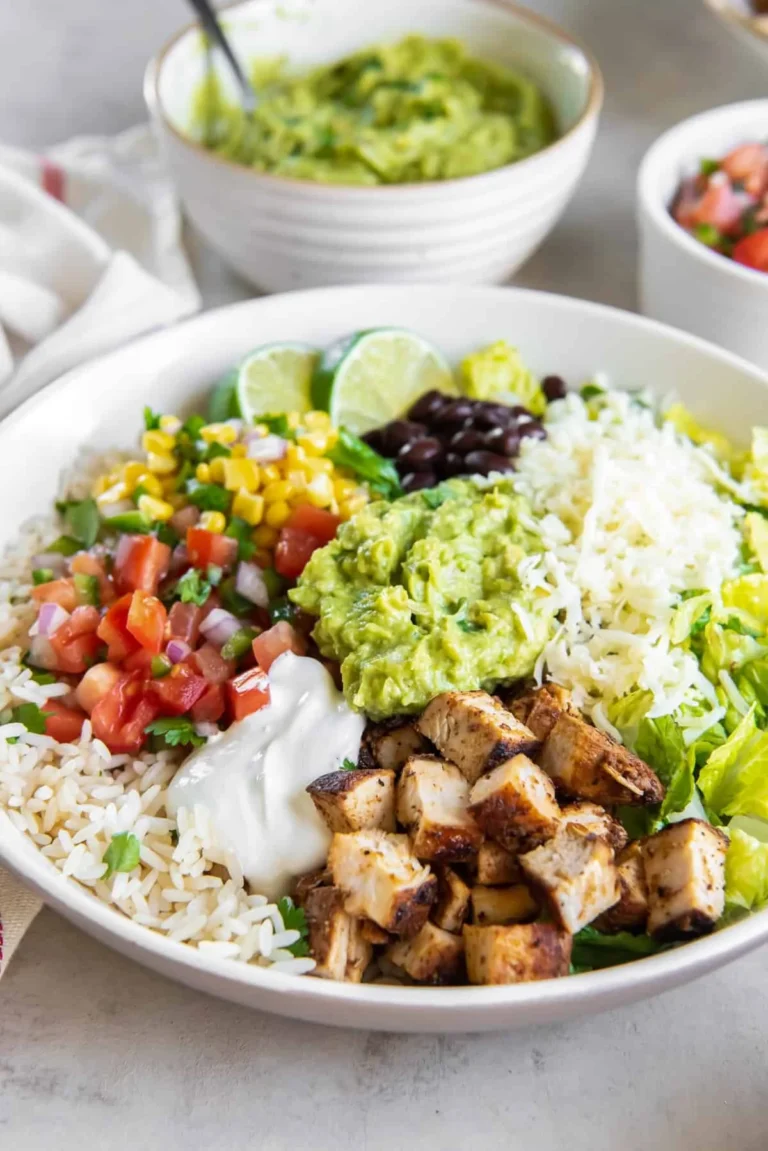Homemade Chipotle burrito bowl with rice, beans, and fresh toppings