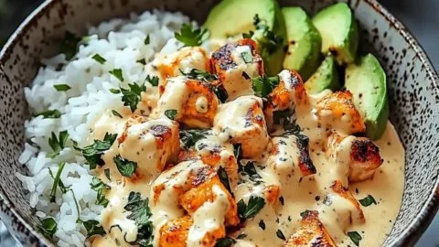 A vibrant Coconut Chicken Rice Bowl with fresh ingredients and coconut sauce