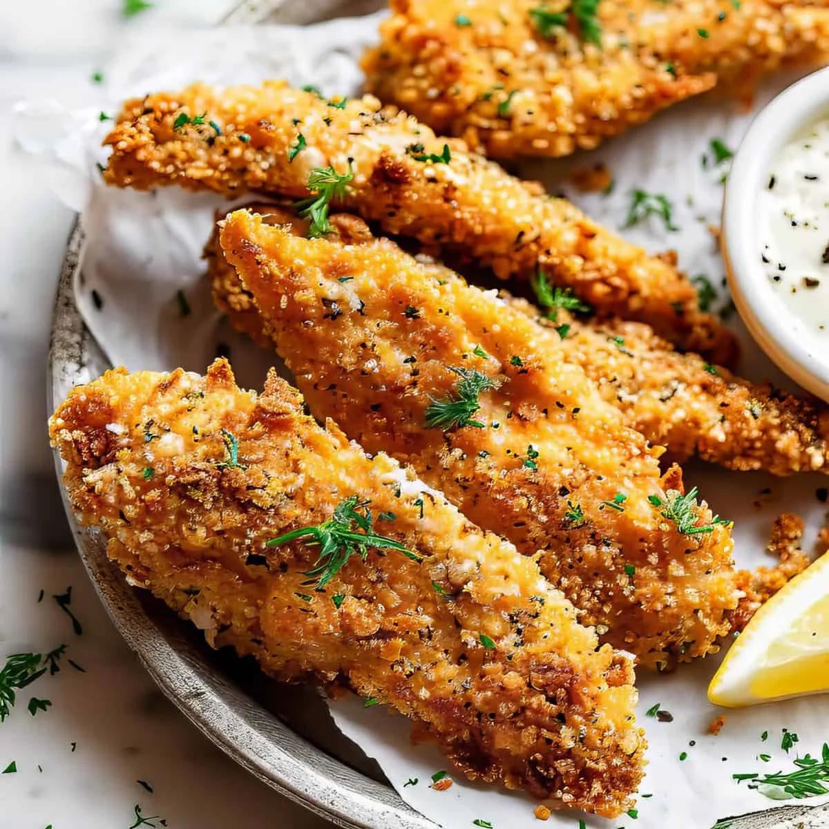 Crispy oven baked chicken tenders served with dipping sauce