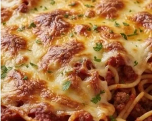 Delicious easy baked spaghetti casserole ready to be served