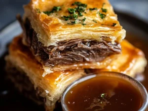 Delicious French Dip Squares served with a side of dipping sauce