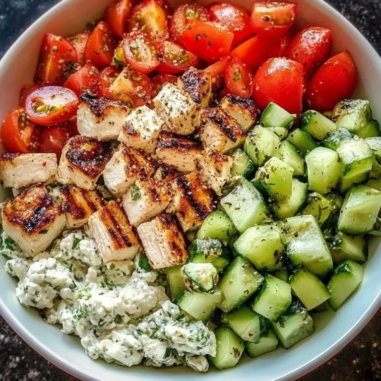 Colorful Greek chicken bowls topped with fresh vegetables and feta cheese