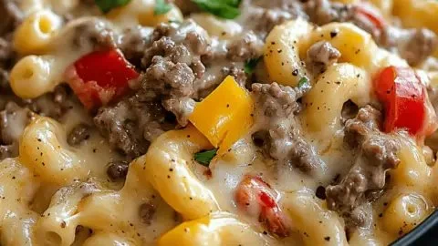 Bowl of high-protein creamy Philly cheesesteak mac and cheese topped with melted cheese.