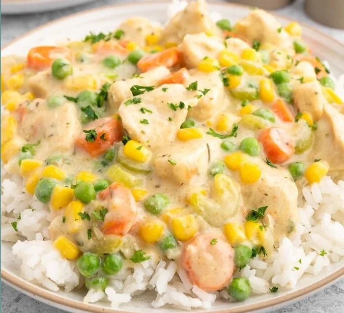 High protein crustless chicken pot pie served in a dish with vegetables