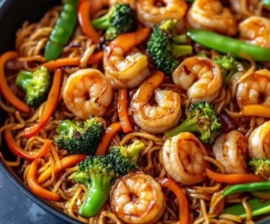 High protein shrimp stir fry with noodles in a one pan dish