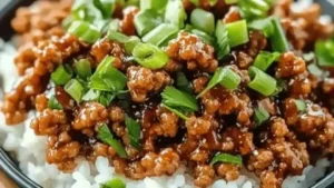 Honey Garlic Ground Turkey served with vegetables on a plate