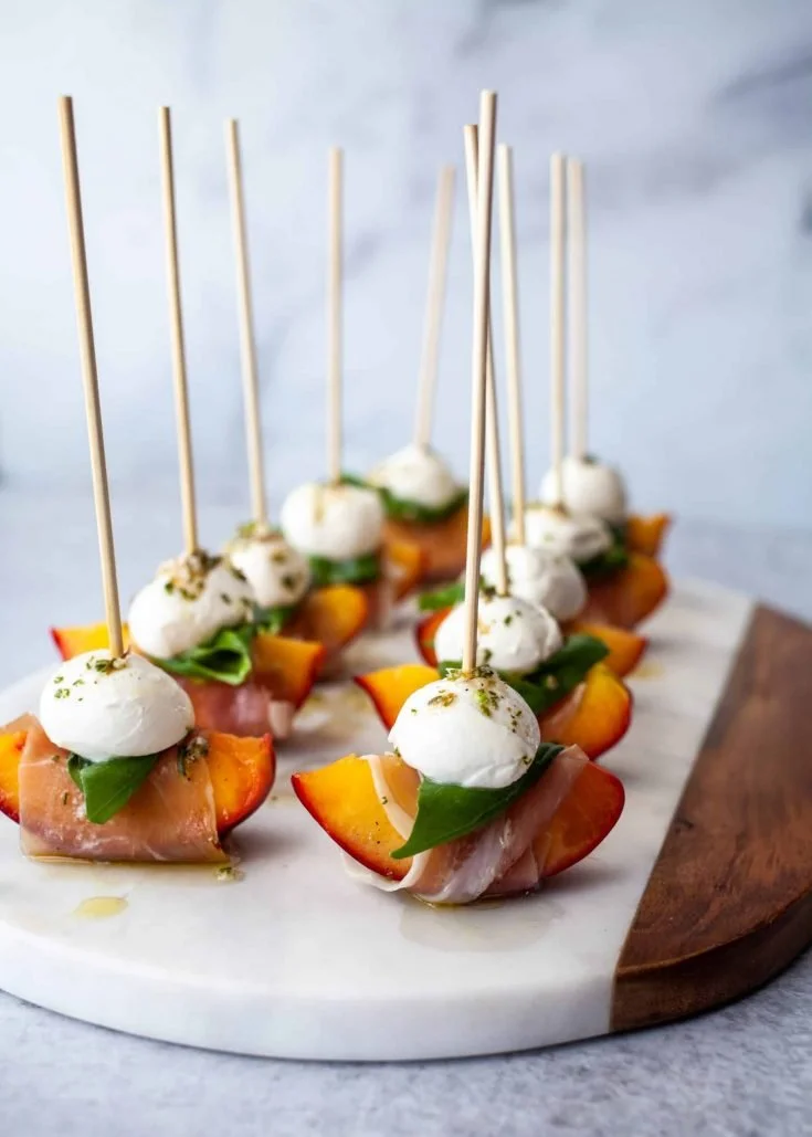 Mozzarella, Prosciutto, and Pickled Peach Appetizer Skewers